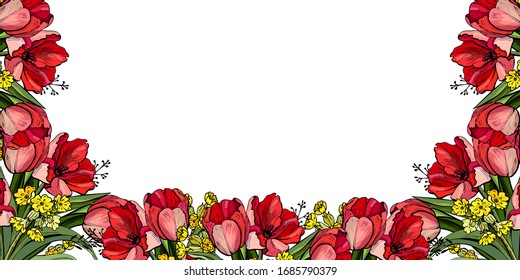Flower background. Floral frame with red and yellow spring flowers. Tulips posy border isolated.