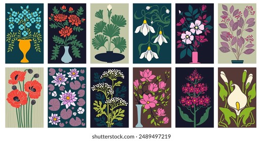 Blumenhintergrund. Blumenvintage-Muster Grafik, Farbvase, Bouquet, helle ethnische Ornament, Dekor organische Natur, kreative Pflanzen. Handgezeichnete botanische isolierte Elemente. Vektorgrafik Retro Textil