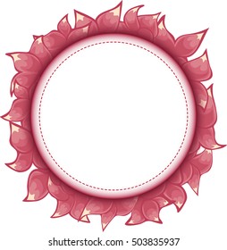 Flower background. Frame made from red leaves flowers, white circle in middle with dashed line. Vector illustration.