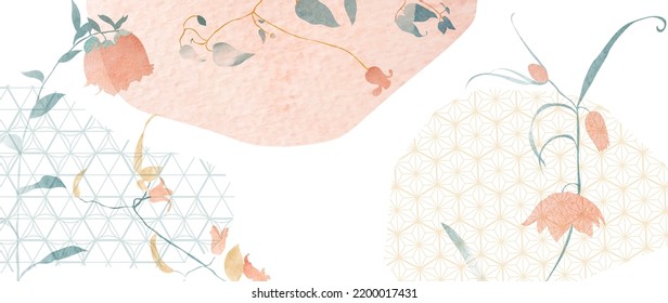 Fondo de las flores con vector de patrón geométrico. Resumen de diseño de pancartas de arte con elementos florales dibujados a mano. Textura acuarela con rama de hojas de plantilla en estilo de lujo. Pancarta de color pastel  