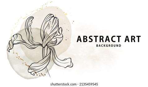 Flower background Iris abstract elegant decor, line art plant with watercolor vintage splashes 