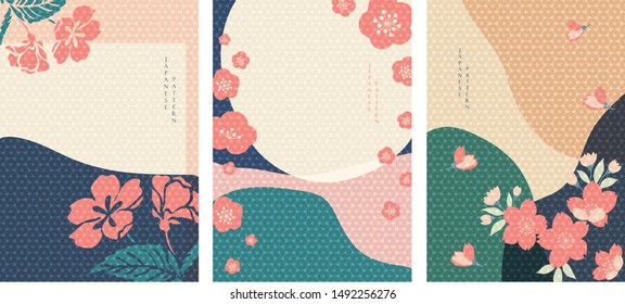 Flower background with Japanese pattern vector. Cherry blossom icon template.