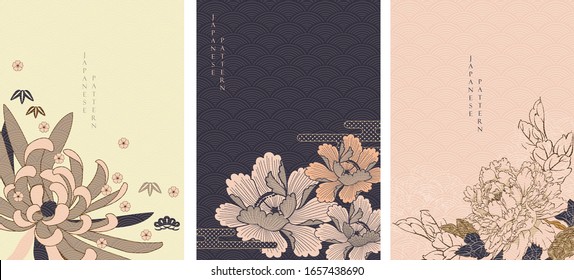 Flower background with Japanese wave pattern vector. Floral template in vintage style. Oriental wallpaper.