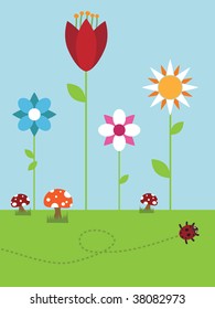 flower background landscape with toadstools and ladybird