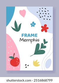 Flower background. Memphis frame. Abstract flat shapes. Cute jungle leaf and blossom. Apple fruit. Modern organic blob. Natural summer elements. Minimal graphic border. Doodle vector botanical banner