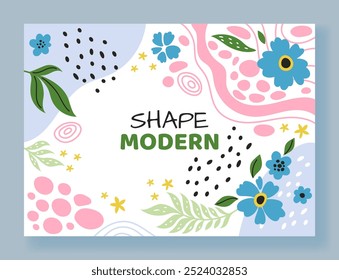 Fundo da flor. Quadro bonito moderno. Manchas florais abstratas. Borda gráfica mínima. Bolhas orgânicas. Flores de verão florescendo ou folhas de plantas. Desenho com formas infantis simples. Banner botânico de vetor de doodle