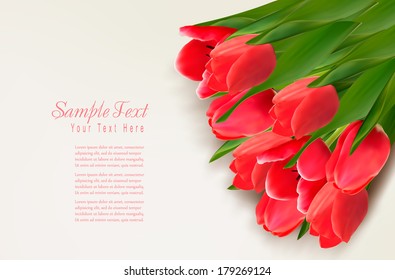Flower background with red tulips and sample text. Vector illustration.