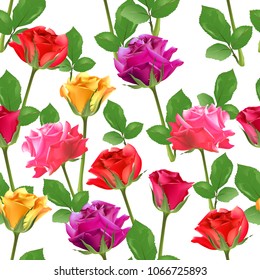 Flower background with red, yellow, pink and purple roses. Vector 