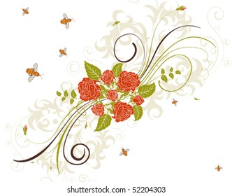 Flower background with rose and bee, element for design, vector illustration