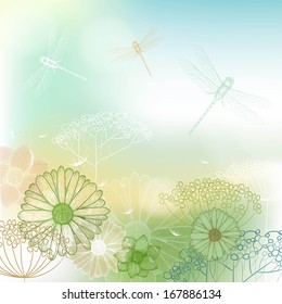 Flower background sketch with dragonfly