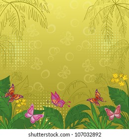 Flower background with tropical flowers, butterflies and contours. Vector illustration