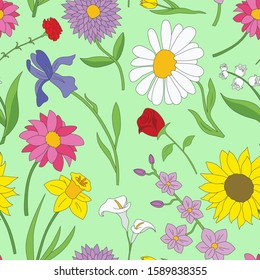 Flower background - Vector color seamless pattern of rose, tulip, chamomile, carnation, iris, callai, orchid, narcissus, sunflower, chrysanthemum and astra for graphic design