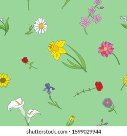 Flower background - Vector color seamless pattern of rose, tulip, chamomile, carnation, iris, callai, orchid, narcissus, sunflower, chrysanthemum and astra for graphic design