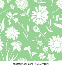 Flower background - Vector seamless pattern solid silhouettes of rose, tulip, chamomile, carnation, iris, callai, orchid, narcissus, sunflower, chrysanthemum and astra for graphic design