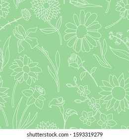 Flower background - Vector seamless pattern of rose, tulip, chamomile, carnation, iris, callai, orchid, narcissus, sunflower, chrysanthemum and astra for graphic design