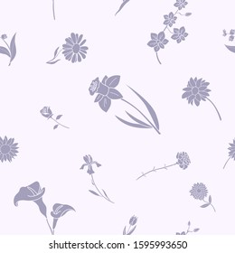 Flower background - Vector seamless pattern solid silhouettes of rose, tulip, chamomile, carnation, iris, callai, orchid, narcissus, sunflower, chrysanthemum and astra for graphic design