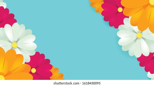 Flower background vector. Spring background with flowers on blue background.