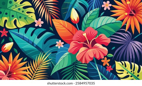 flower background, A vibrant vector background featuring tropical hibiscus flowers and palm leaves with a summer vibe