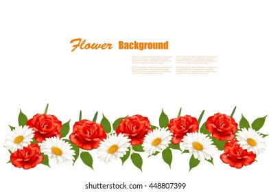 floraler Hintergrund mit weißer Daisy und roten Rosen. Vektorgrafik 