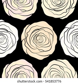 Flower background. Wild rose design. Hand drawn background with dogrose flowers. Flower seamless pattern. Vintage dog rose pattern. Abstract neutral and beige roses sketch. Flower card with dog rose.