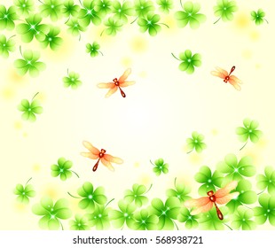 Flower Background_Four-leaf clover and dragonfly