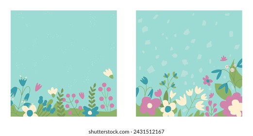Flower backgrounds post set. Spring abstract banner templates collection. Square summer covers with decoration. Vector flat illustration.