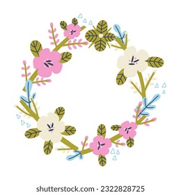 Flower Bacopas circle frame in vector hand drawn style. Floral Botanical bouquet round border with leaves. Greeting card, wedding banner, invitation design