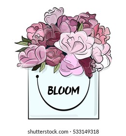 Flower bag isolated on white background. Vector Hand drawn bloom box with pink glossy garden flowers. Trend glamour fashion illustration kit vogue style. Birthday or valentines present