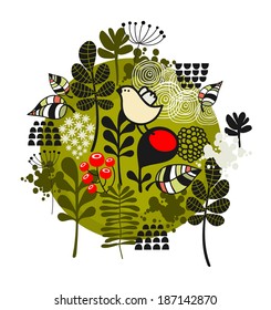 Flower ball with cute little bird. Vector illustration. 