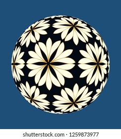 flower ball with outlined pattern in gold ivory black on blue