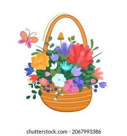 Flower basket with butterfly on white isolated background