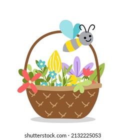 Flower basket with jolly bee and colorful flowers. Spring or summer wicker floral basket. Woven pannie. Flat, cartoon. Isolated vector stock illustration eps 10 on white