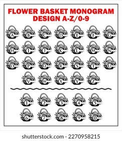 FLOWER BASKET MONOGRAM DESIGN, a to z and 0 to 9