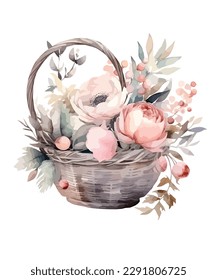 Flower basket with white and pink rose in watercolor