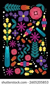 Flower bauhaus. Flower pattern. Flower poster. Black background, botanical, modern, flat, banner, decoration, concept, set, floral, organic, natural, wallpaper, brochure, menu, restaurant, advertising