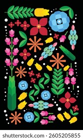 Flower bauhaus. Flower pattern. Flower poster. Black background, botanical, modern, flat, banner, decoration, concept, set, floral, organic, natural, wallpaper, brochure, menu, restaurant, advertising
