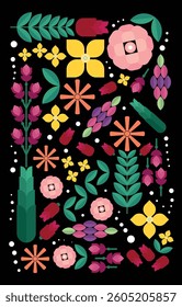 Flower bauhaus. Flower pattern. Flower poster. Black background, botanical, modern, flat, banner, decoration, concept, set, floral, organic, natural, wallpaper, brochure, menu, restaurant, advertising