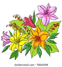 Flower beautiful background, lily and mine, flowers and leaves