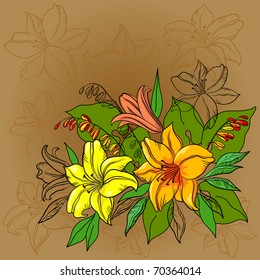 Flower beautiful background, lily and mine, flowers and leaves