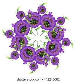 Flower beautiful circular pattern. The Ukrainian national style of painting. Purple poppies with green petals isolated on white background.