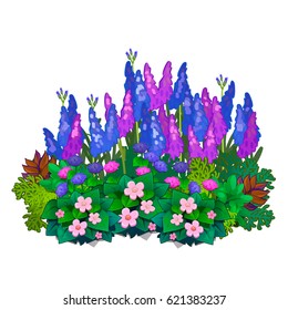 A Flower Bed With Bright Colored Flowers Isolated On White Background. Vector Cartoon Close-up Illustration.