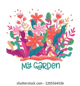 Flower bed, colorful plants. Gardening concept vector illustration