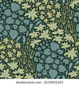 Flower bed dark garden seamless pattern. endless background. Plant repeat cover. continuous ornament. Surface pattern design motif. Vector hand drawn flat illustration.