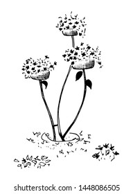 Flower bed with flowers. Hand drawn sketch style garden bed, street vase with flowers. Vector illustration. Isolated on white background.