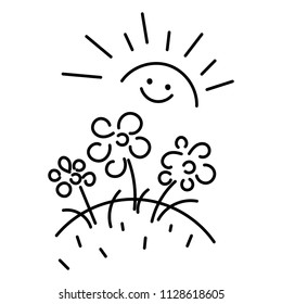 Flower bed, flowers, sun. Children's drawing. Vector.