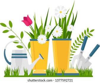 Flower bed in the front garden. Rustic or rural landscape, garden and vegetable garden. Flat vector illustration.
