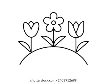 Flower bed, icon. Various flowers in the garden. Minimalistic linear illustration. Editable thin stroke.