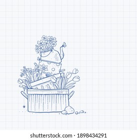 Blumenbett aus alten Kochplatten und Wasserkocher. Doodle-Gartendekoration auf ausgekleidetem Papierhintergrund.