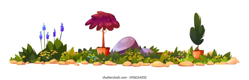 Flower bed with potted plants, blooming flowers and stones, gardening landscape architecture. Vector natural beautiful flowerbed in blossom, backyard with landscape decorative bushes, outdoors lawn