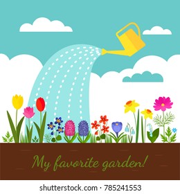 Flower bed with various spring flowers against the background of a cloudy sky. . flat vector illustration in a cartoon style on a white background